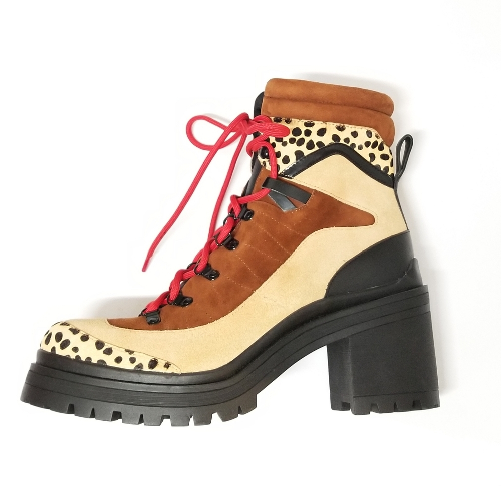 Gianni Bini Squad Goals Cheetah Calf Hair & Suede Lace Up & Zip Lug Sole Boot 9M - Picture 5 of 15